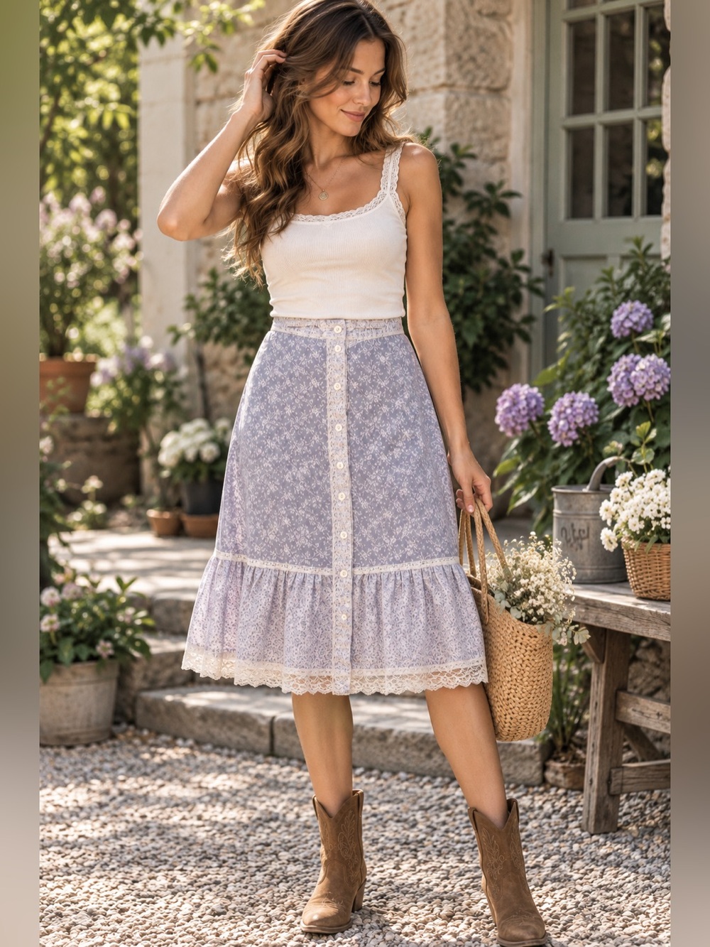 JCPenney Vintage 70s Lilac Floral Prairie Lace Trim Button Front Midi Skirt